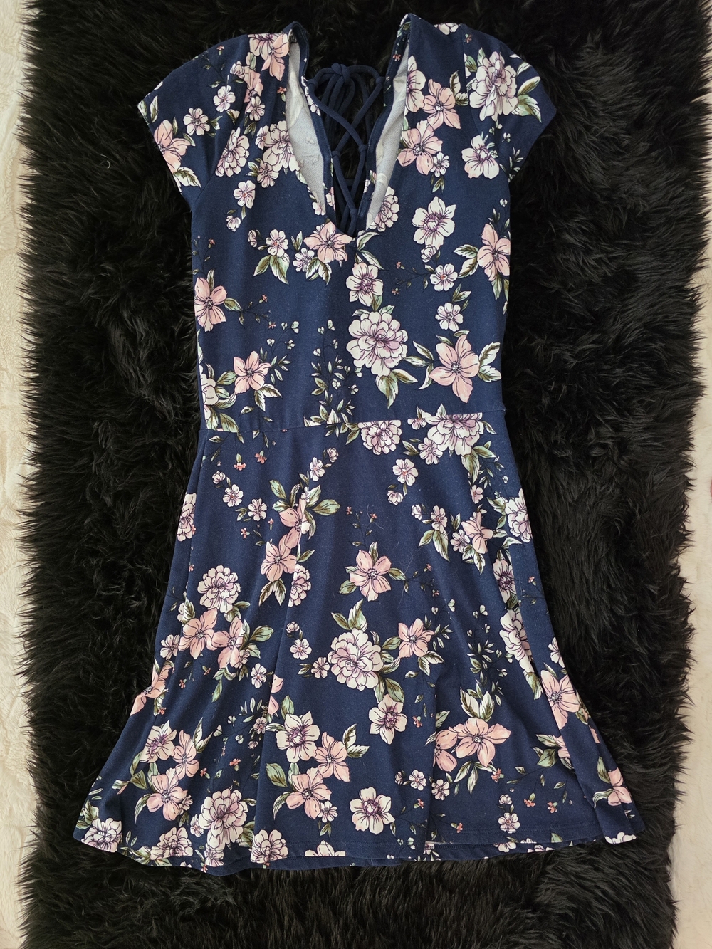 Aeropostale Navy Floral Lace-Up Mini Dress with Pink Flowers